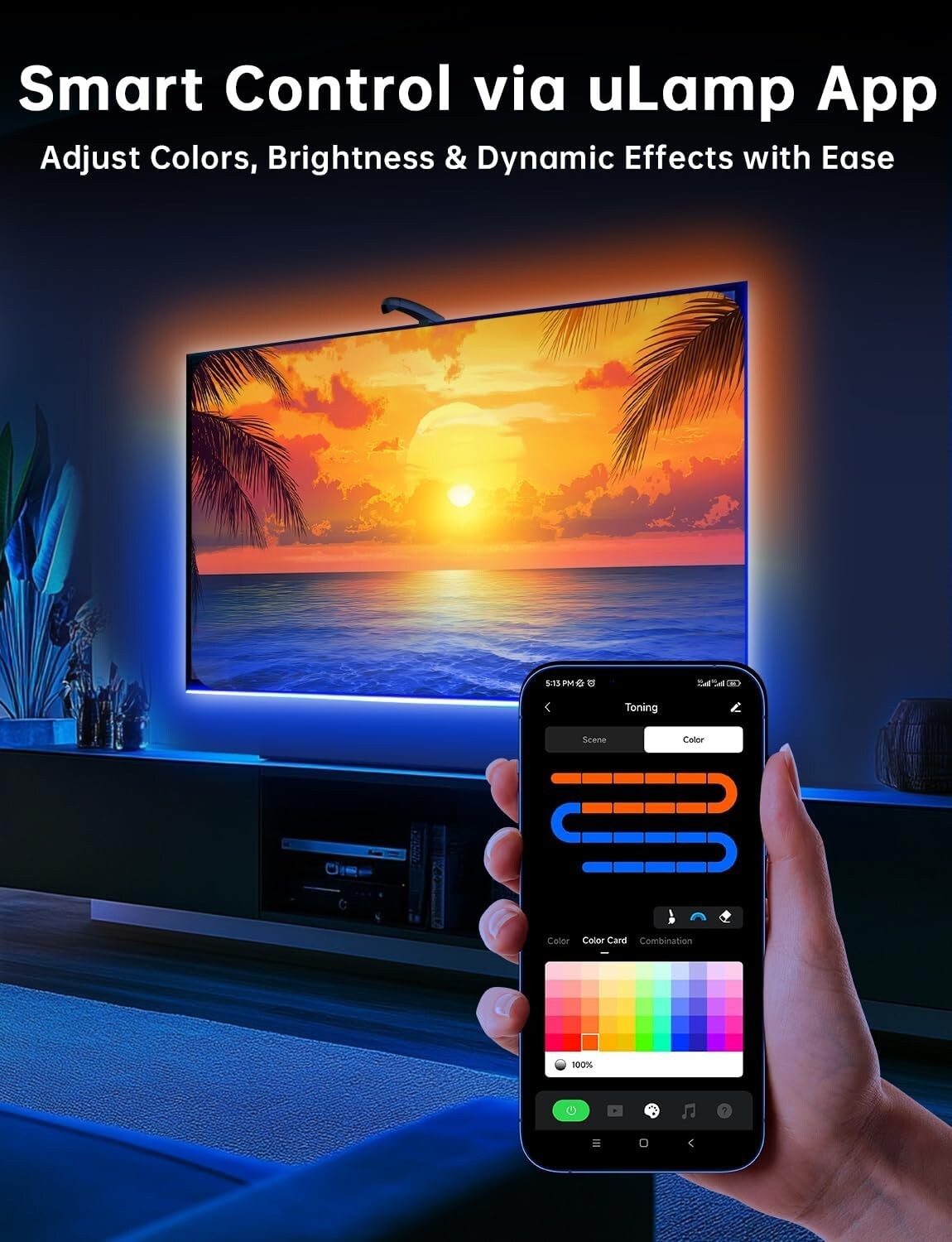 18ft Cuttable Multicolor LED Backlight for 75-85 Inch TV with Smart Controls