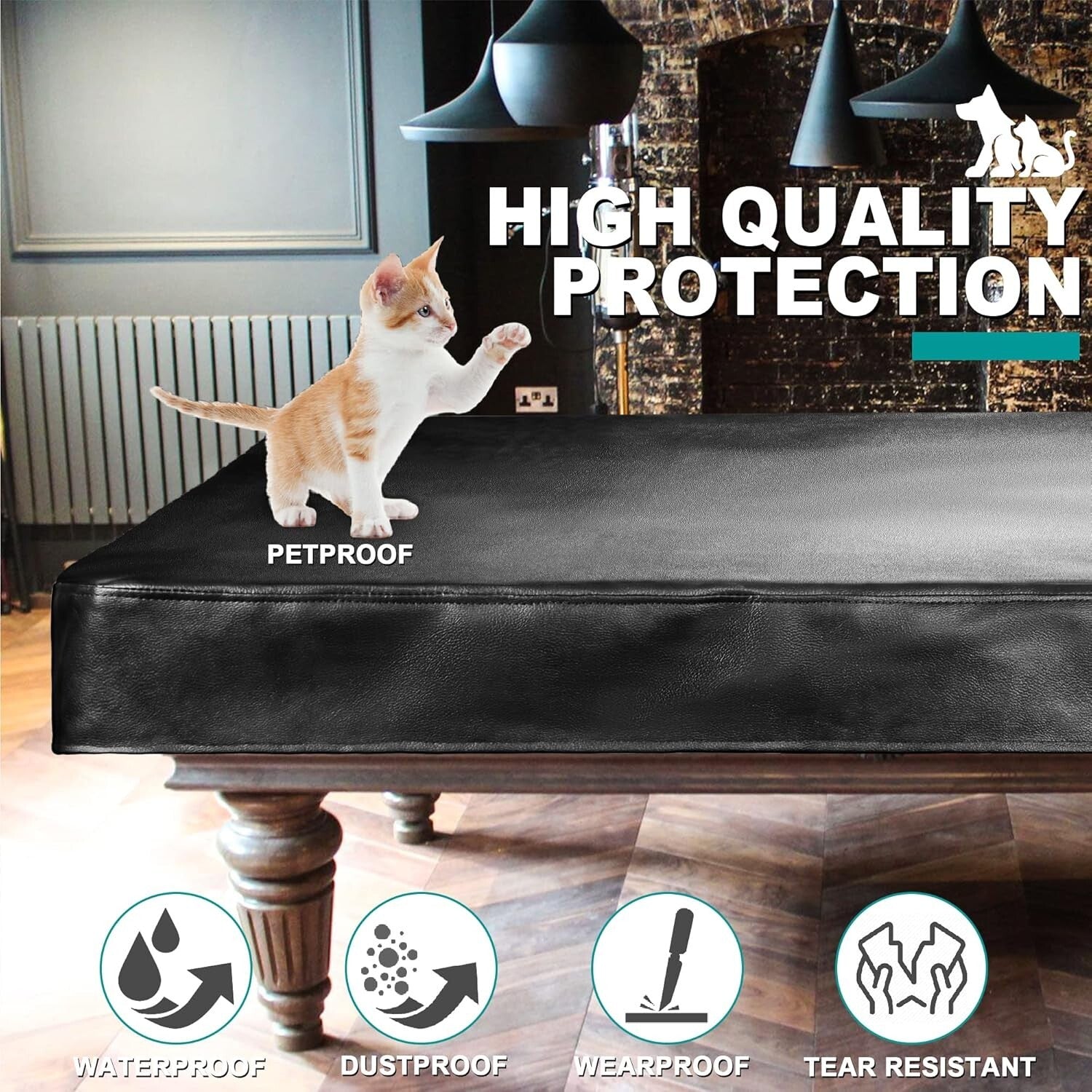 7FT-9FT Fitted Pool Table Cover, Waterproof & Tearproof Leatherette Protection