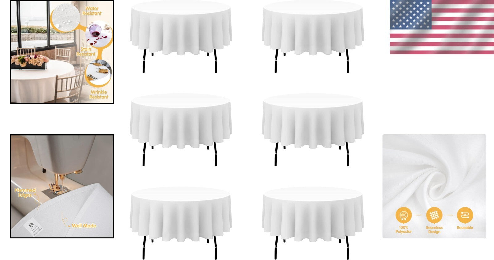 Machine Washable White Round Table Cloths - 90 Inch, 6 Pack for Luxurious Events
