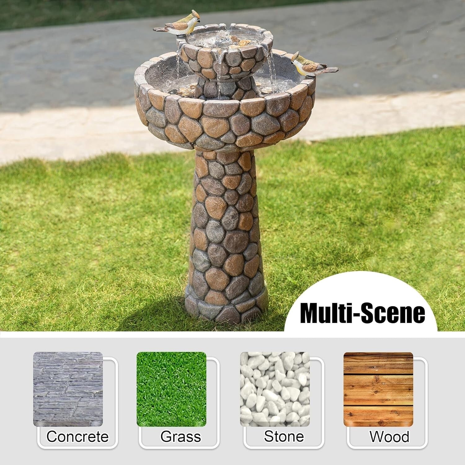 Lifelike Birds Decorated 2-Tier Faux Pebbles Fountain—Stylish Addition to Patios