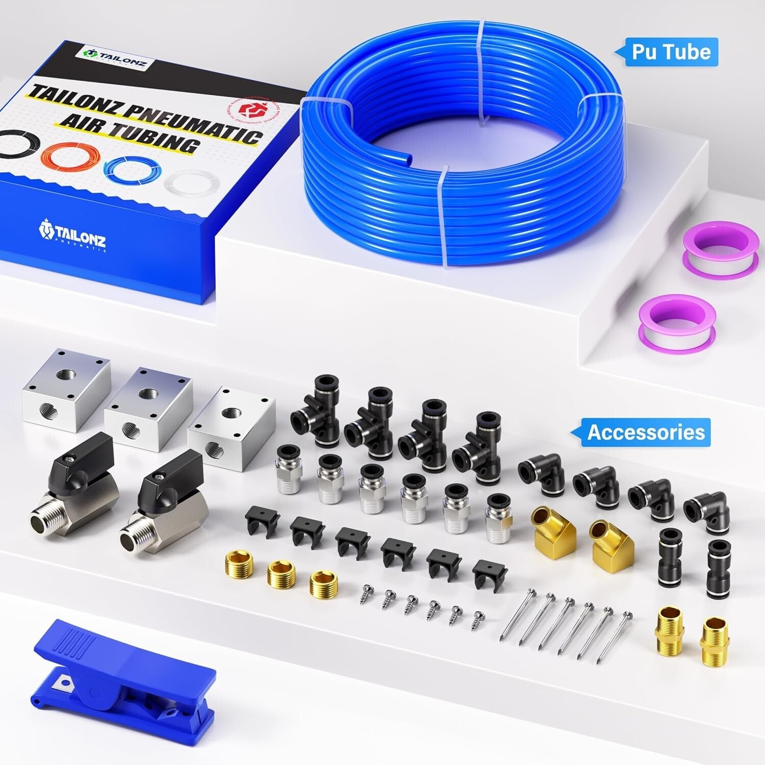 Blue 1/2 Inch OD PU Air Tubing Kit - 32M (100ft) for Pneumatic Applications