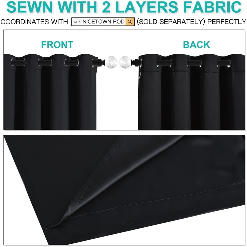 Black Lined 100% Blackout Curtains - Stylish Energy Saving Drapes, 2 Panels