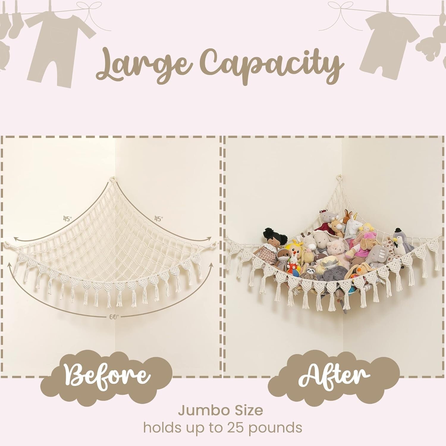 Extra Large Natural Cotton Stuffed Animal Hammock with LED Lights - Boho Storage