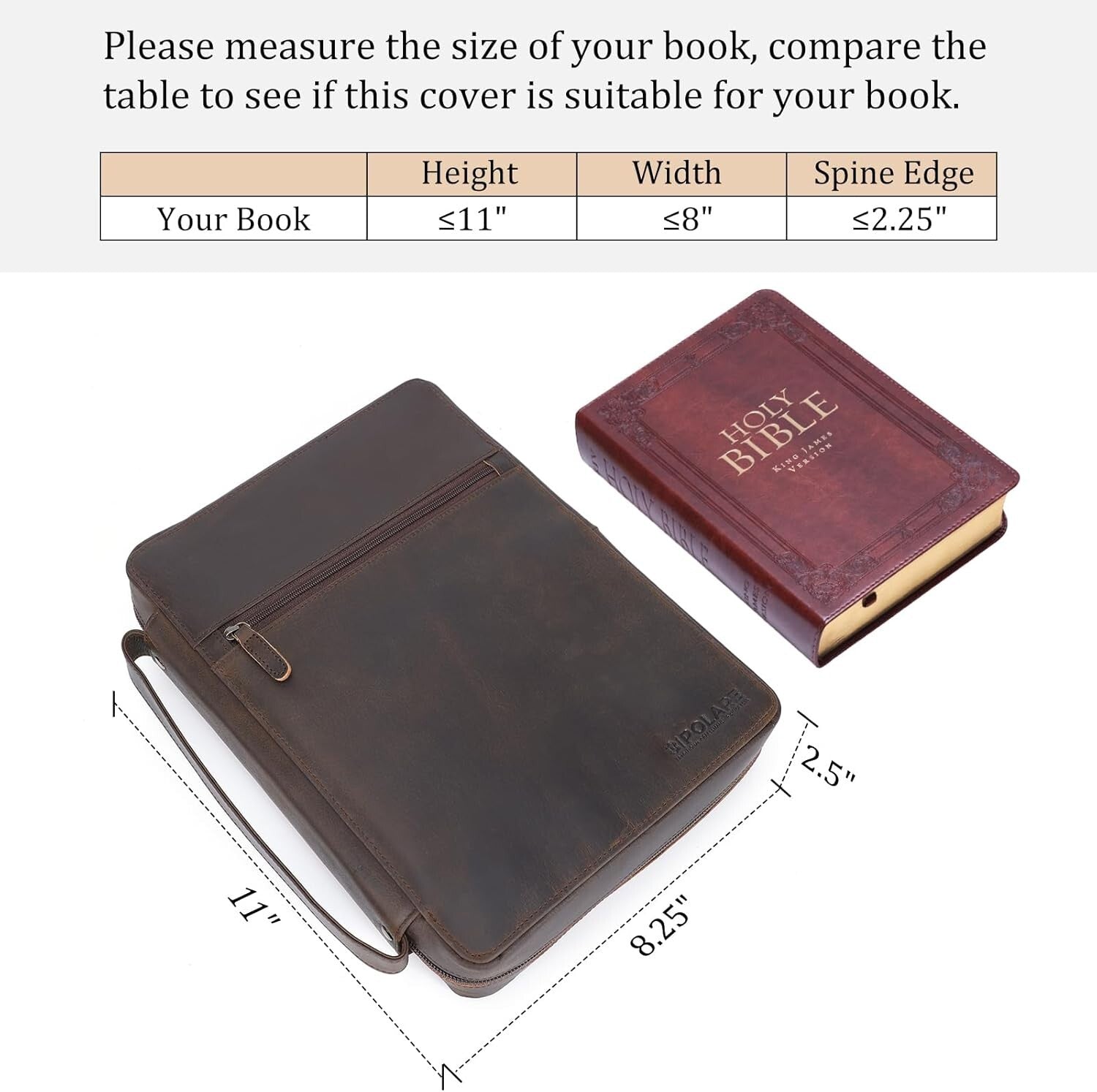 Luxurious Leather Bible Carrying Case Organizer with Zipper Closure - Dark Brown