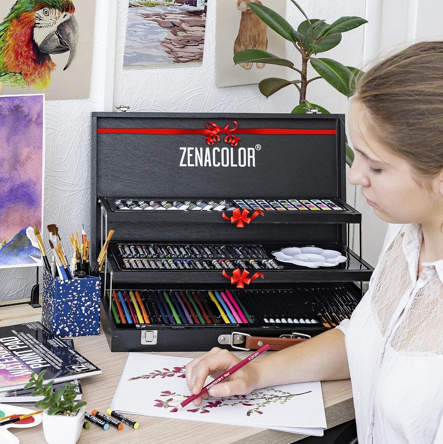 Portable 150-Piece Art Supplies Set with Professional Wooden Case for All Ages