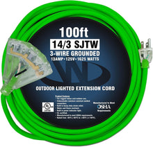 Load image into Gallery viewer, 100 ft Heavy Duty 14 Gauge Outdoor Extension Cord with 3 Outlets - Lighted SJTW