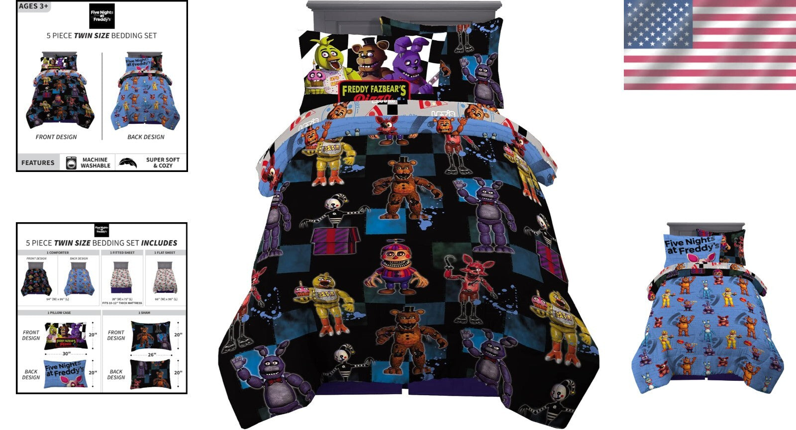 Cozy Reversible 5 Piece Kids Bedding Set - Five Nights At Freddy's Twin Size