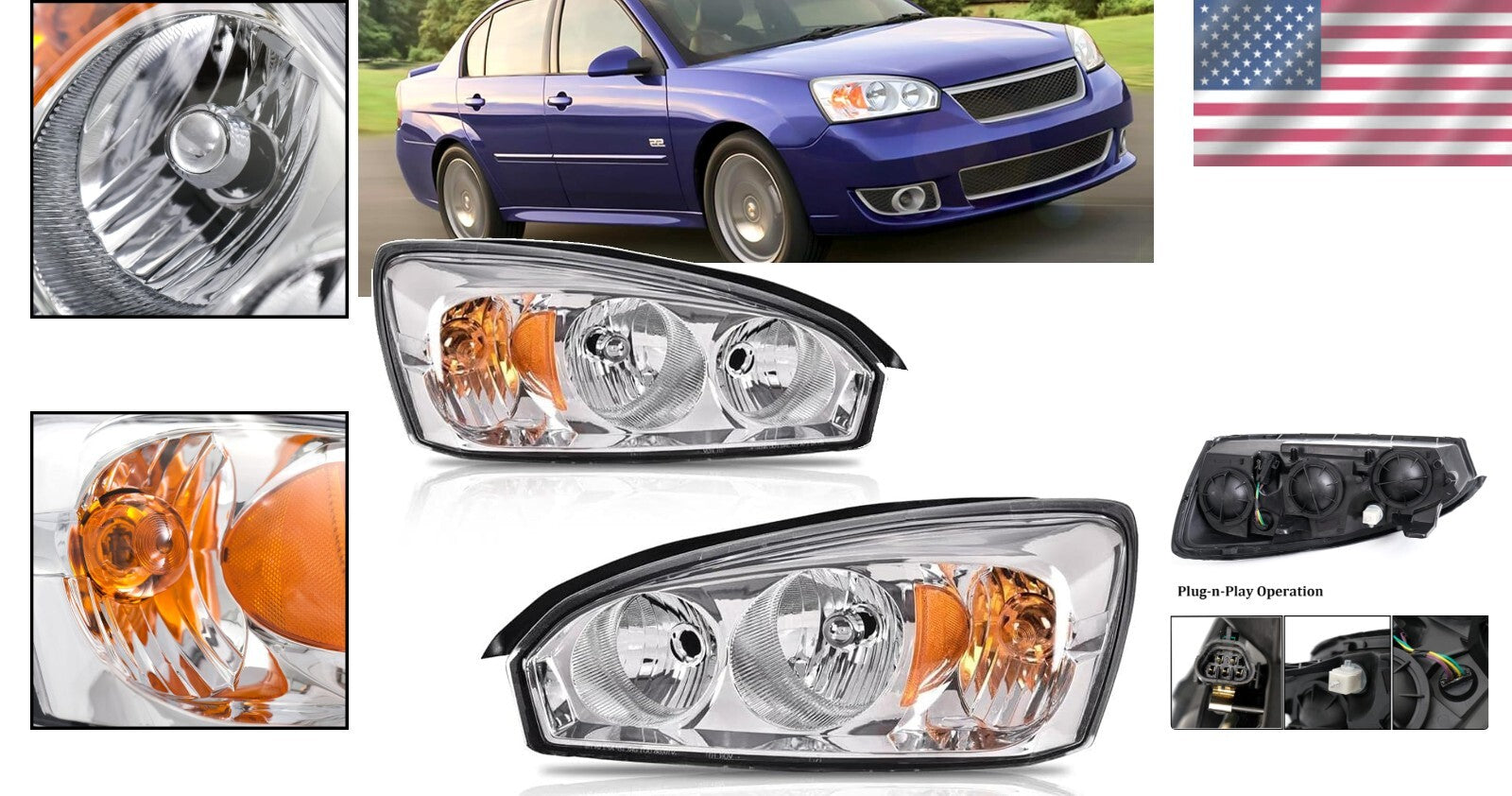 Chrome Headlight Assembly Replacement for 2004-2008 Chevy Malibu Models