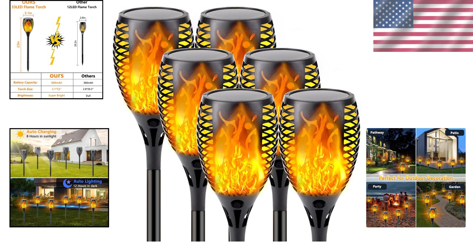 Larger Upgraded Solar Flickering Torch Lights - 12h Working Time & Easy Setup