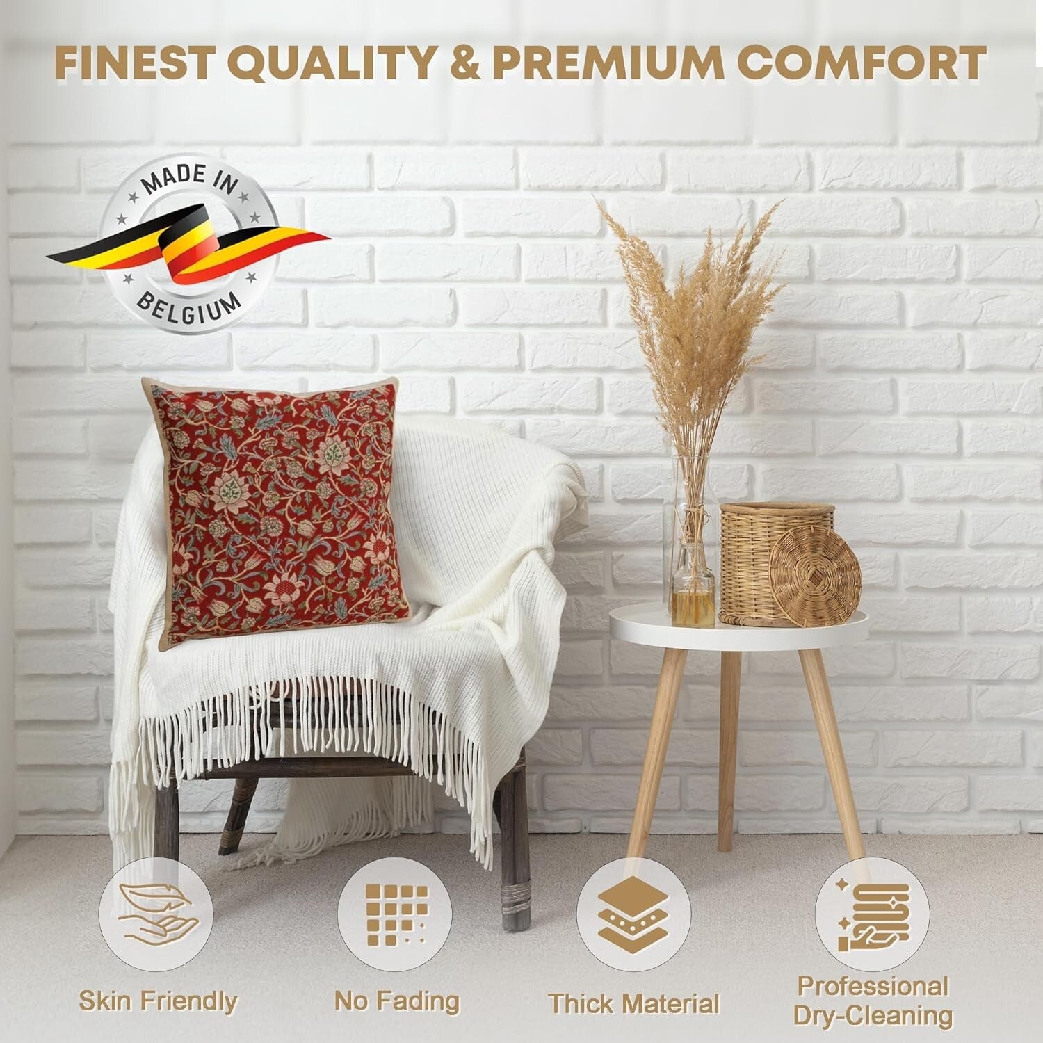 Chic 16x16 Throw Pillow Cover in Fleurs De Morris Red - Hand-Finished Design