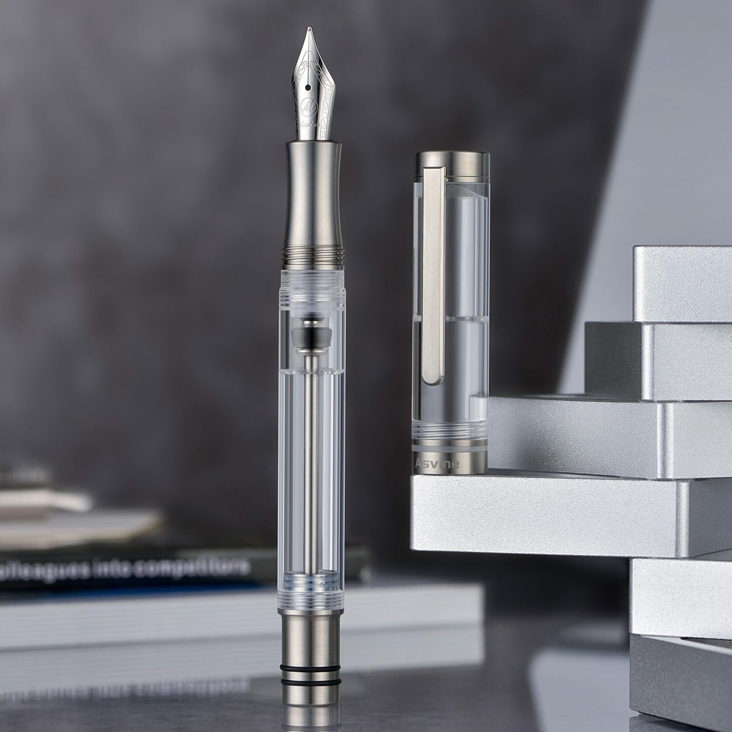 Elegant Clear Acrylic and Titanium Fountain Pen with Extra Fine Writing Tip