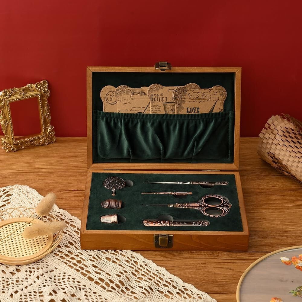 European Style Sewing Tools Set - Antique Scissors & Accessories in Wood Box