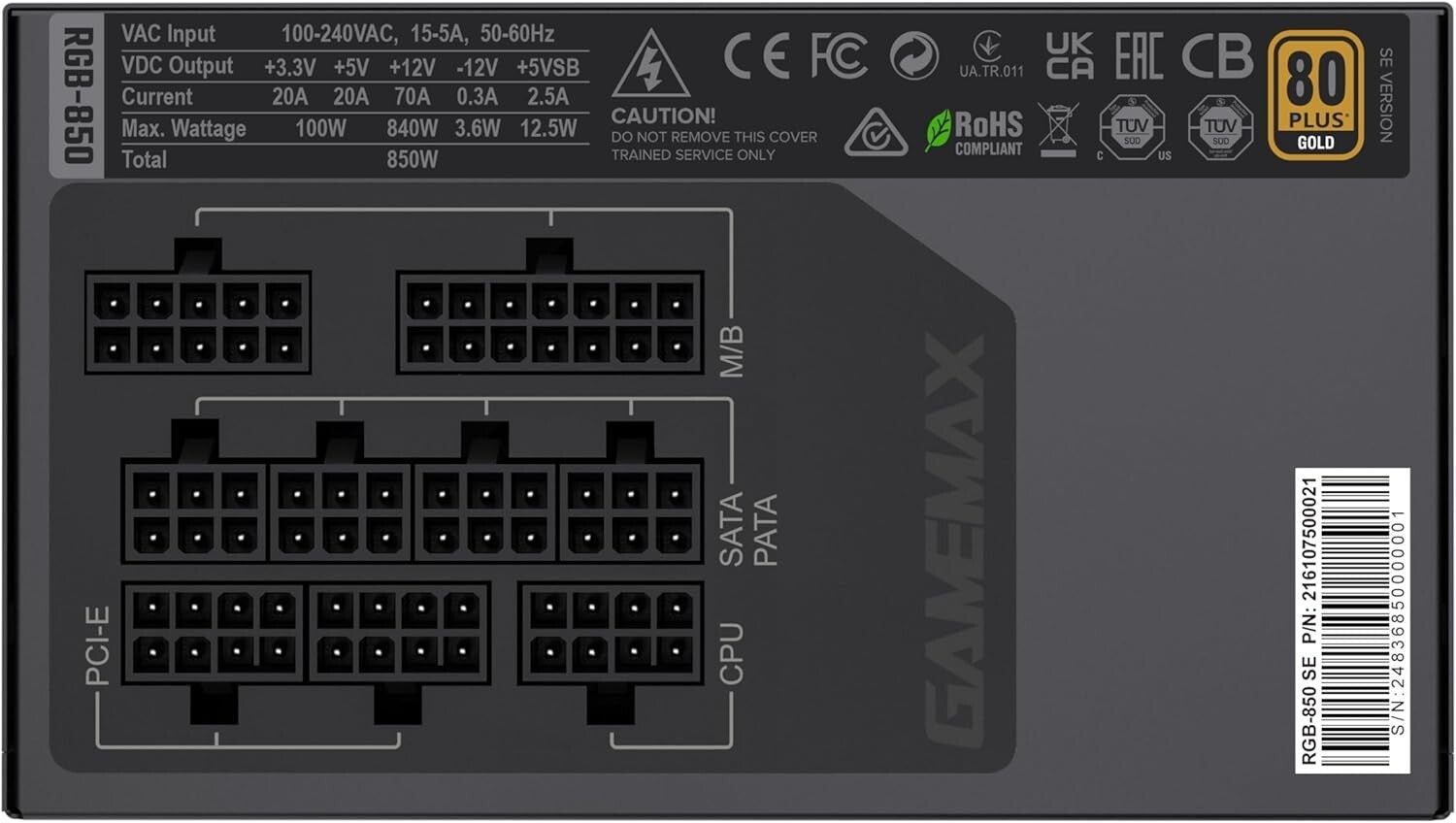 Fully Modular 850W 80 Plus Gold PSU - Optimized for Gaming PCs and Upgrades