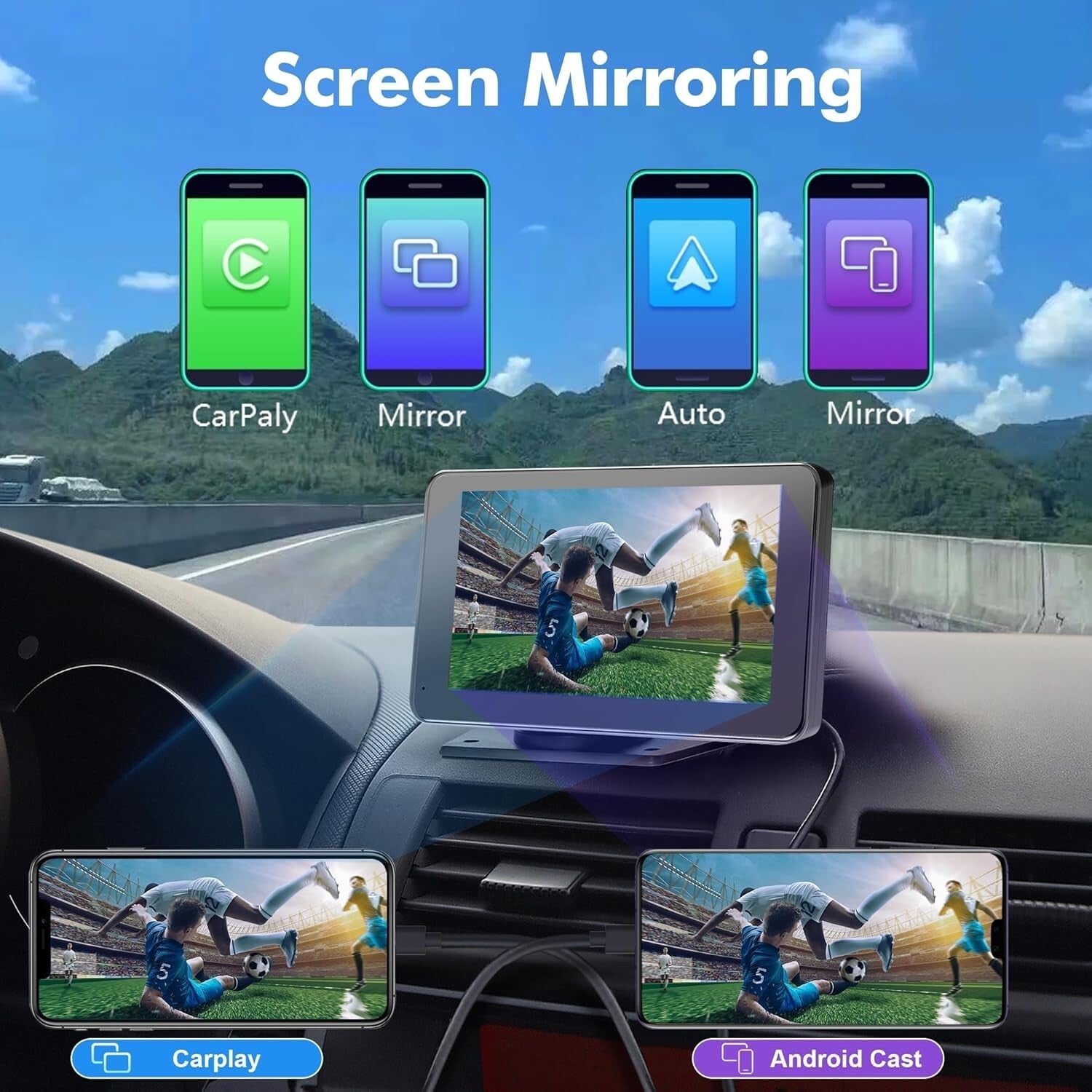 Portable 7-Inch Wireless Carplay Screen with Voice Control & HD Video Features