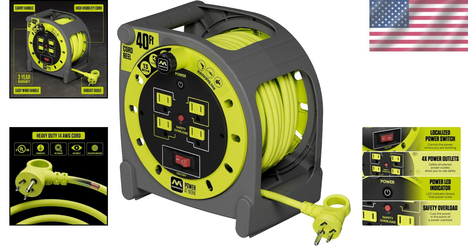 Portable 40ft Case Cord Reel with Safety Breaker and Manual Power Switch