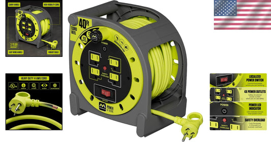 Portable 40ft Case Cord Reel with Safety Breaker and Manual Power Switch