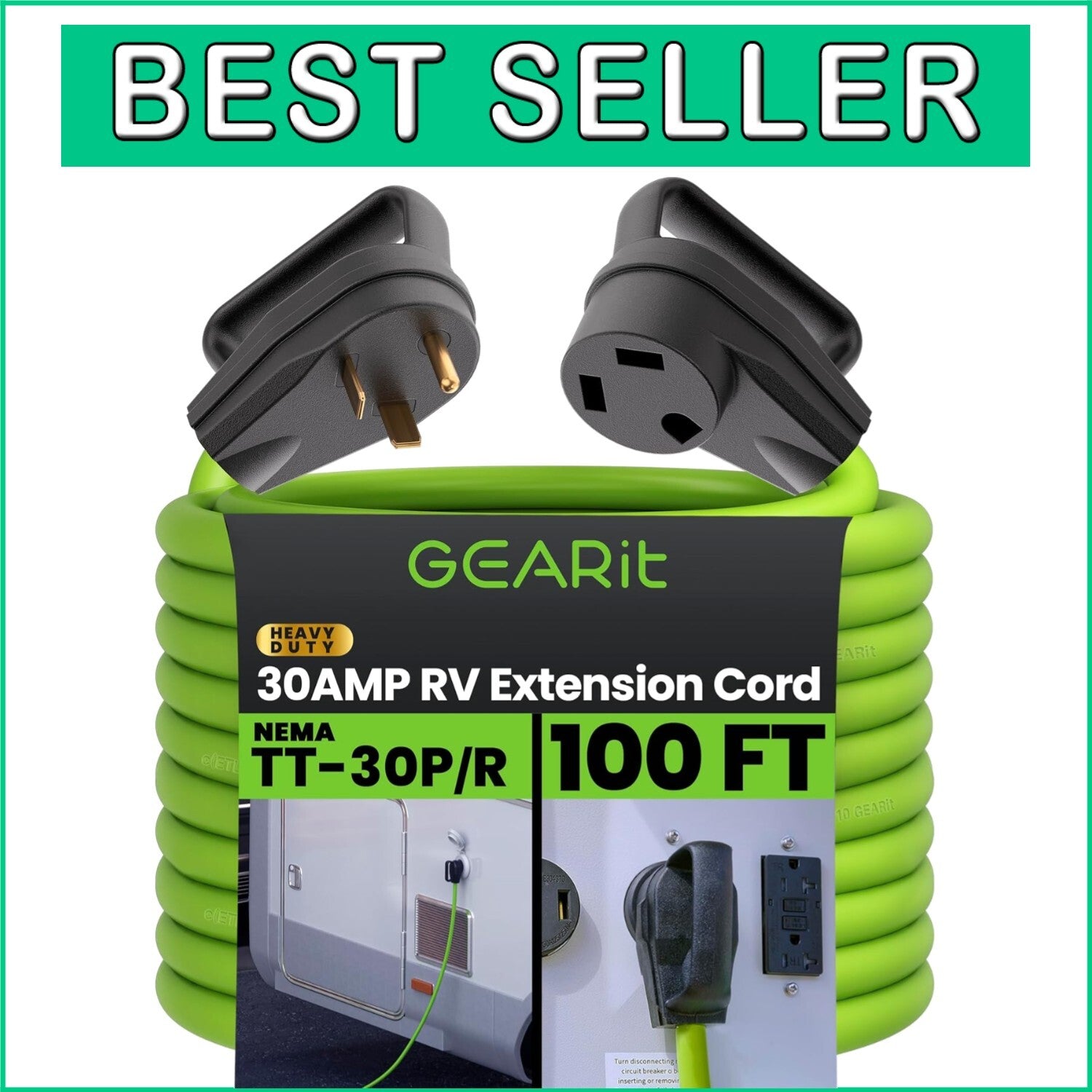 Heavy-Duty 100FT 30 Amp 125 Volt Extension Cord with Ergonomic TT-30 Plugs