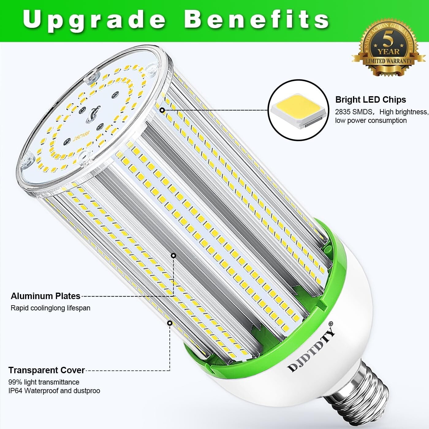 100W LED Corn Bulbs - 2-Pack, E26/E39 for Commercial Use, 15000 Lumens, 5000K