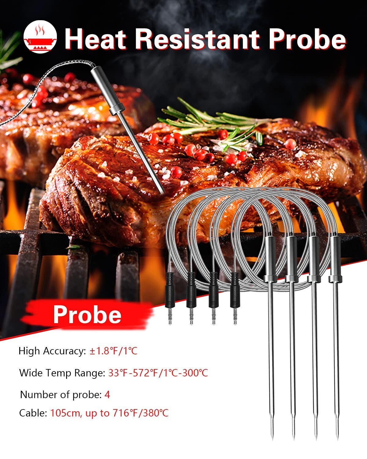 Professional Bluetooth Thermometer for Grilling with 4 Stainless Probes & Alarms