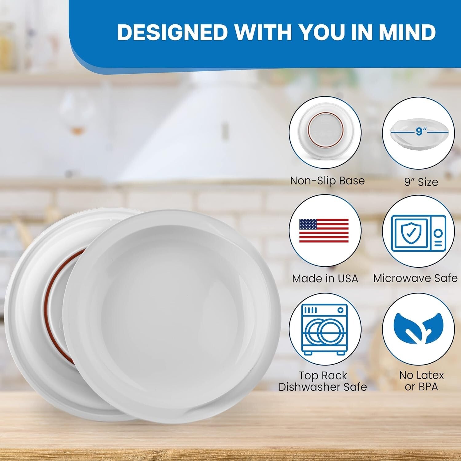 Durable Non-Slip Scoop Plates - 9-inch Set of 6 for Adults with Disabilities