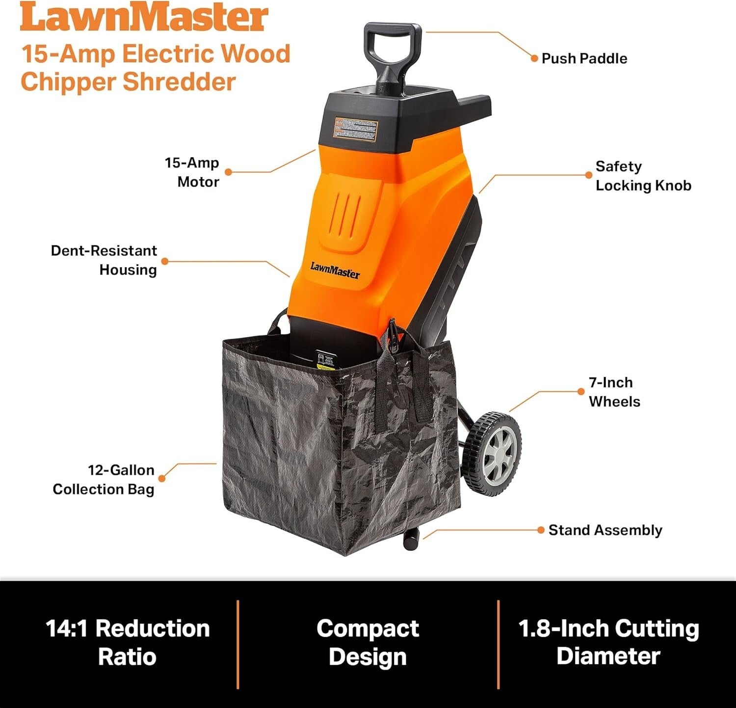 Lightweight 15-Amp Electric Shredder with 1.8'' Cutting Diameter for Yard Debris