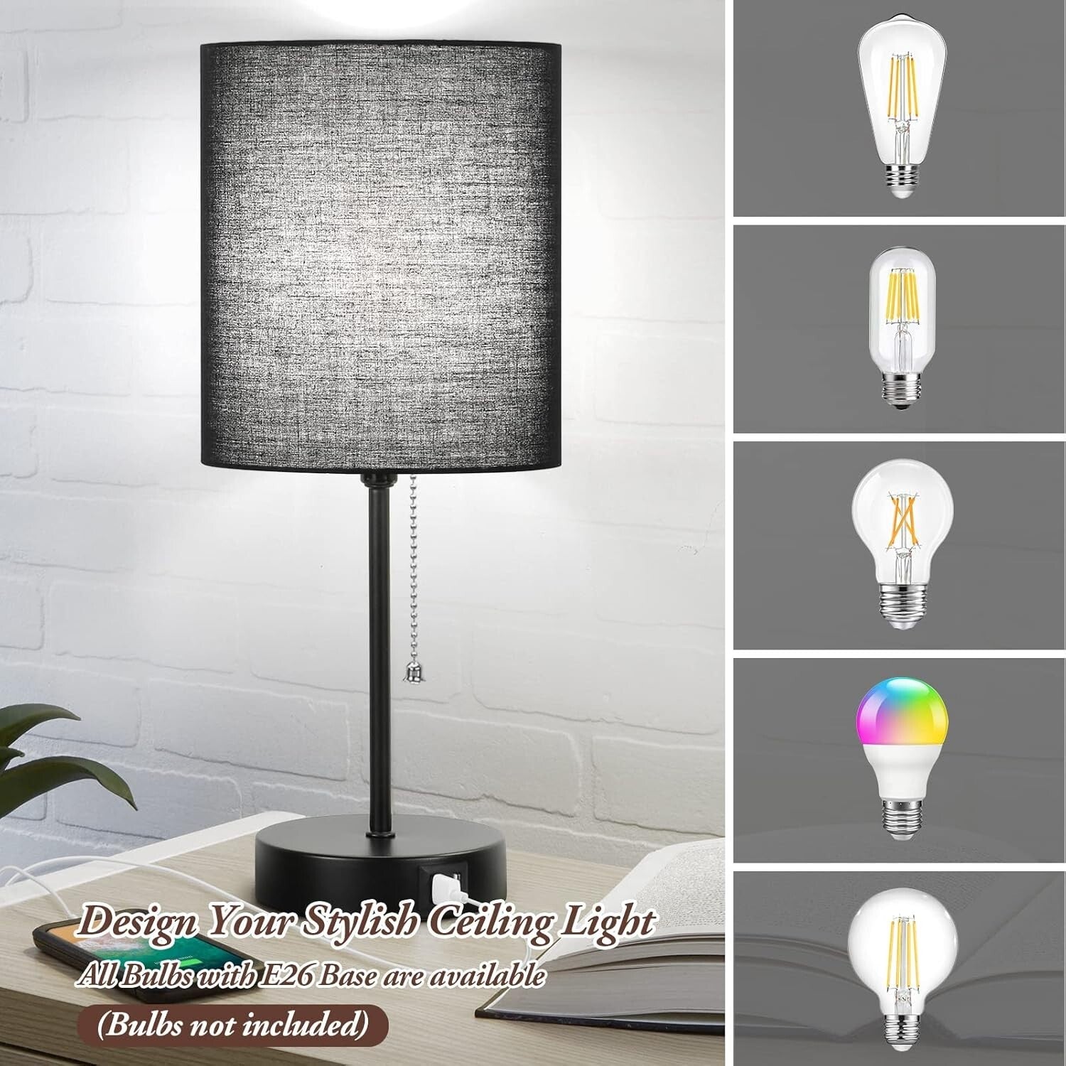 Contemporary Black Table Lamps Set with AC Outlet & Fabric Shade for Ambiance