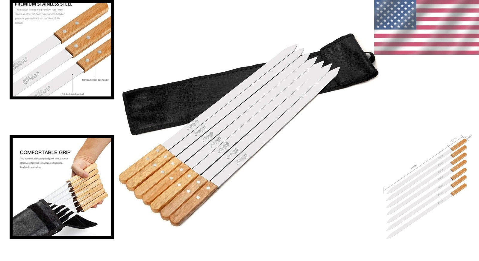Eco-Friendly Stainless Steel BBQ Skewers with 1 Inch Wide Flat Design - Set of 7
