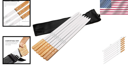 Eco-Friendly Stainless Steel BBQ Skewers with 1 Inch Wide Flat Design - Set of 7