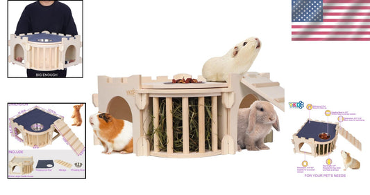 Extra Large Rabbit House with Ladder and Hay Feeder for Small Animal Comfort