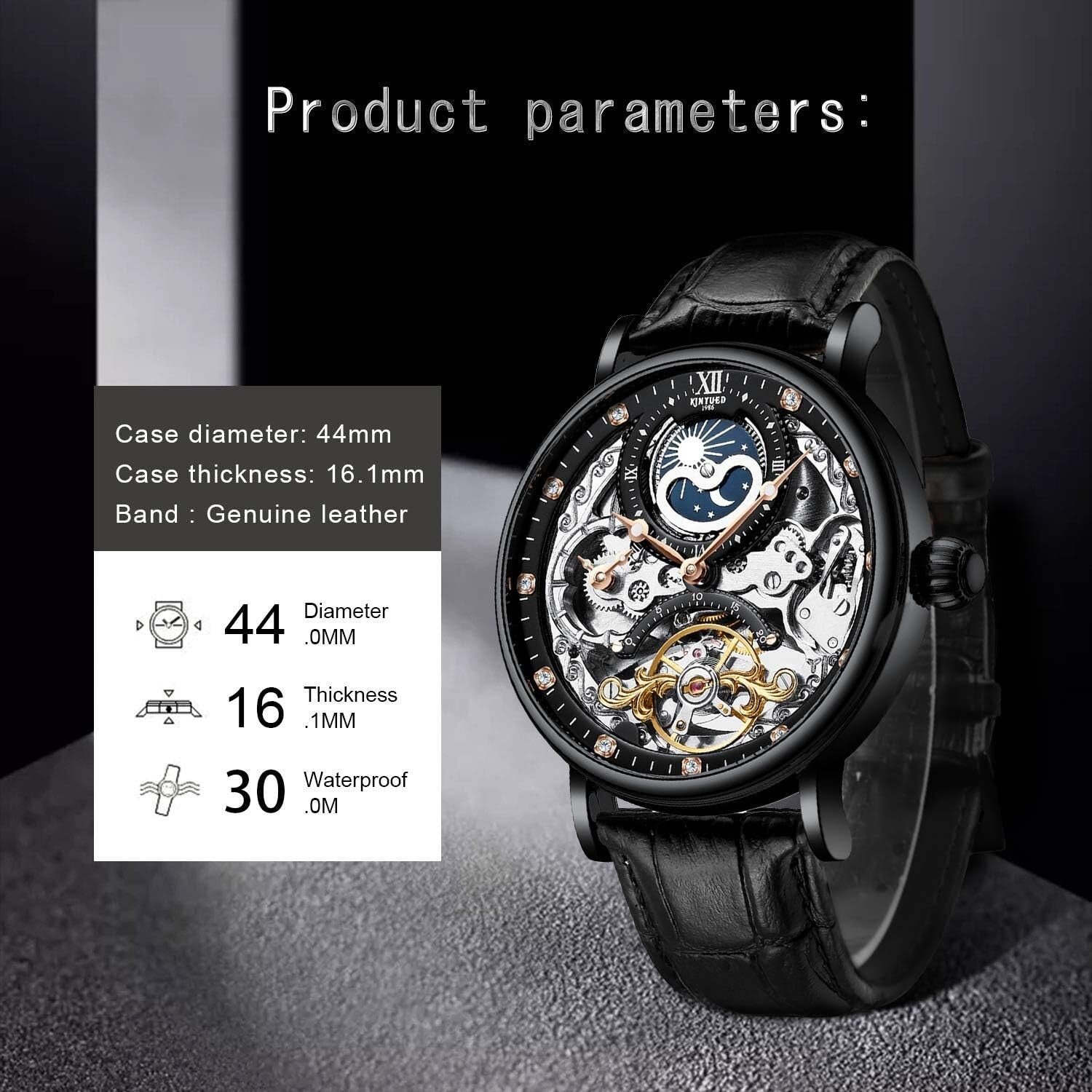Men's Luxury Skeleton Automatic Watch with Luminous Hands & Moon Phase – Elegant