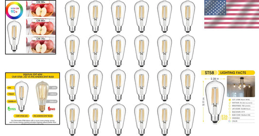Elegant ST58 Vintage LED Bulb Pack of 24 - 6W, Dimmable Bright 750 Lumens