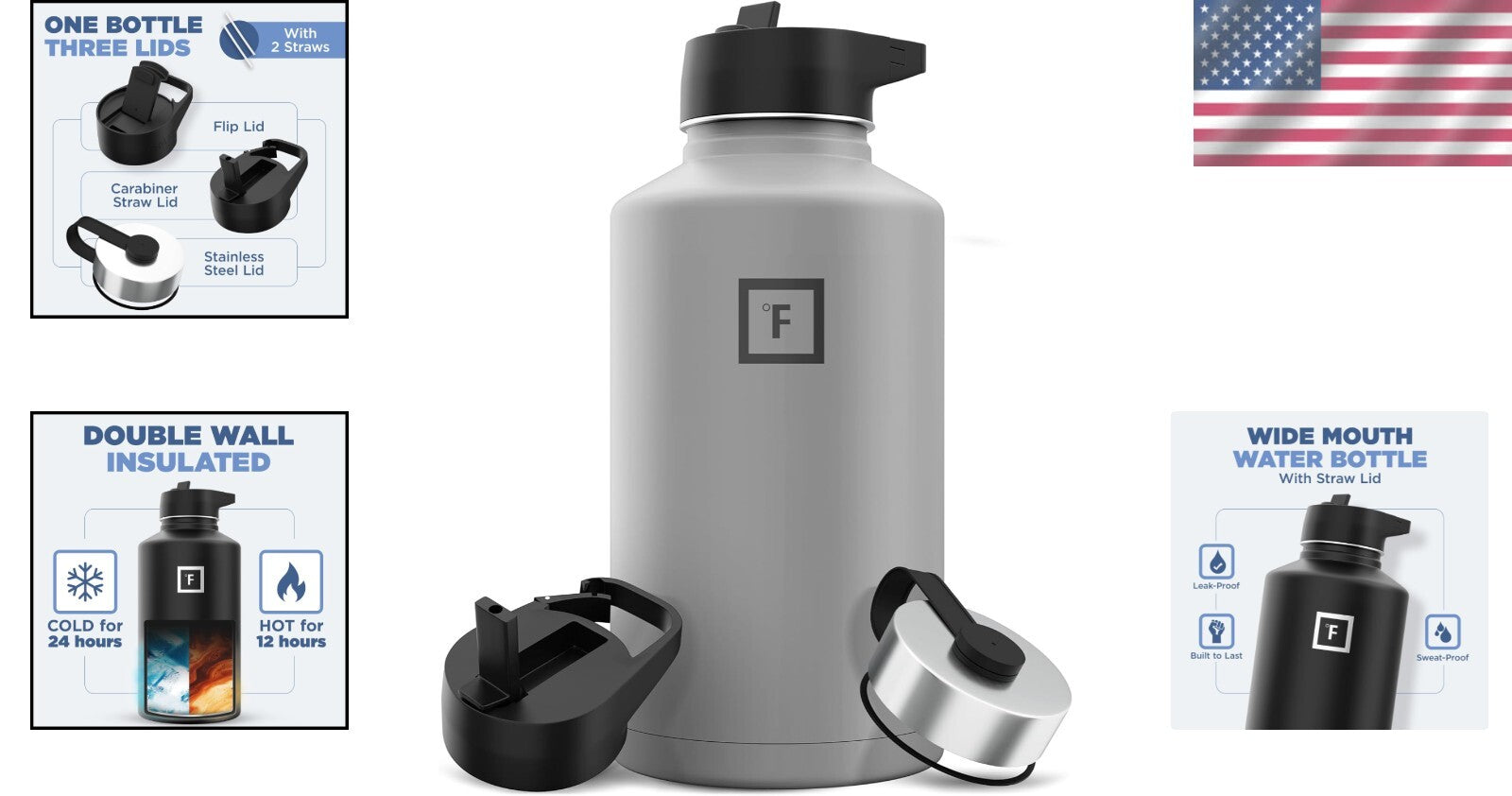 64 oz Vacuum Insulated Hydration Flask - Leak Proof, 3 Lids, Stainless Steel