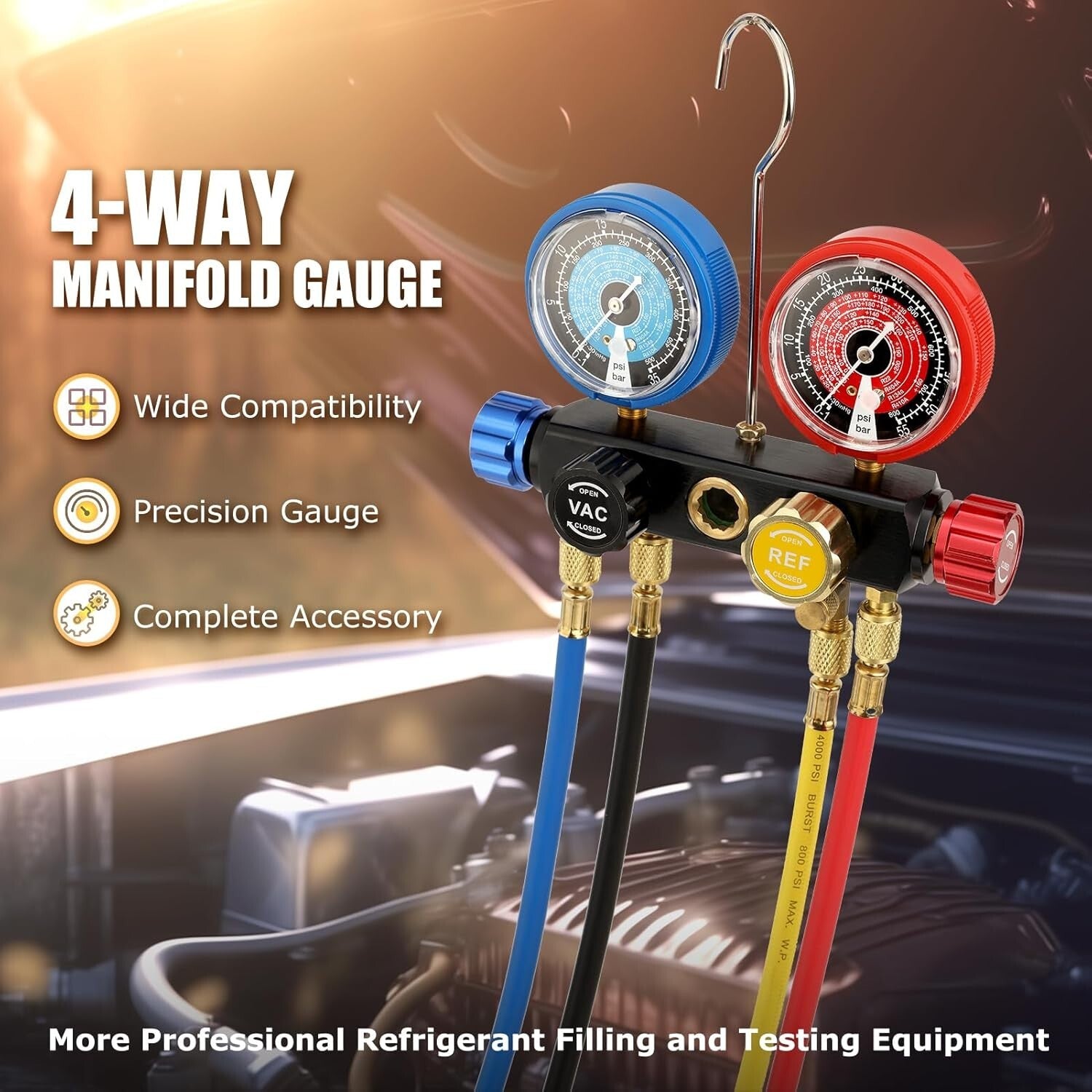 Multi-Refrigerant A/C Gauge Set with Brass Valves, 5FT Hose & 3 Tank Adapters