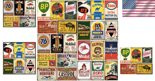 Durable Vintage Gas & Oil Metal Signs - 24-Piece Wall Art Collection, 8x12 in.