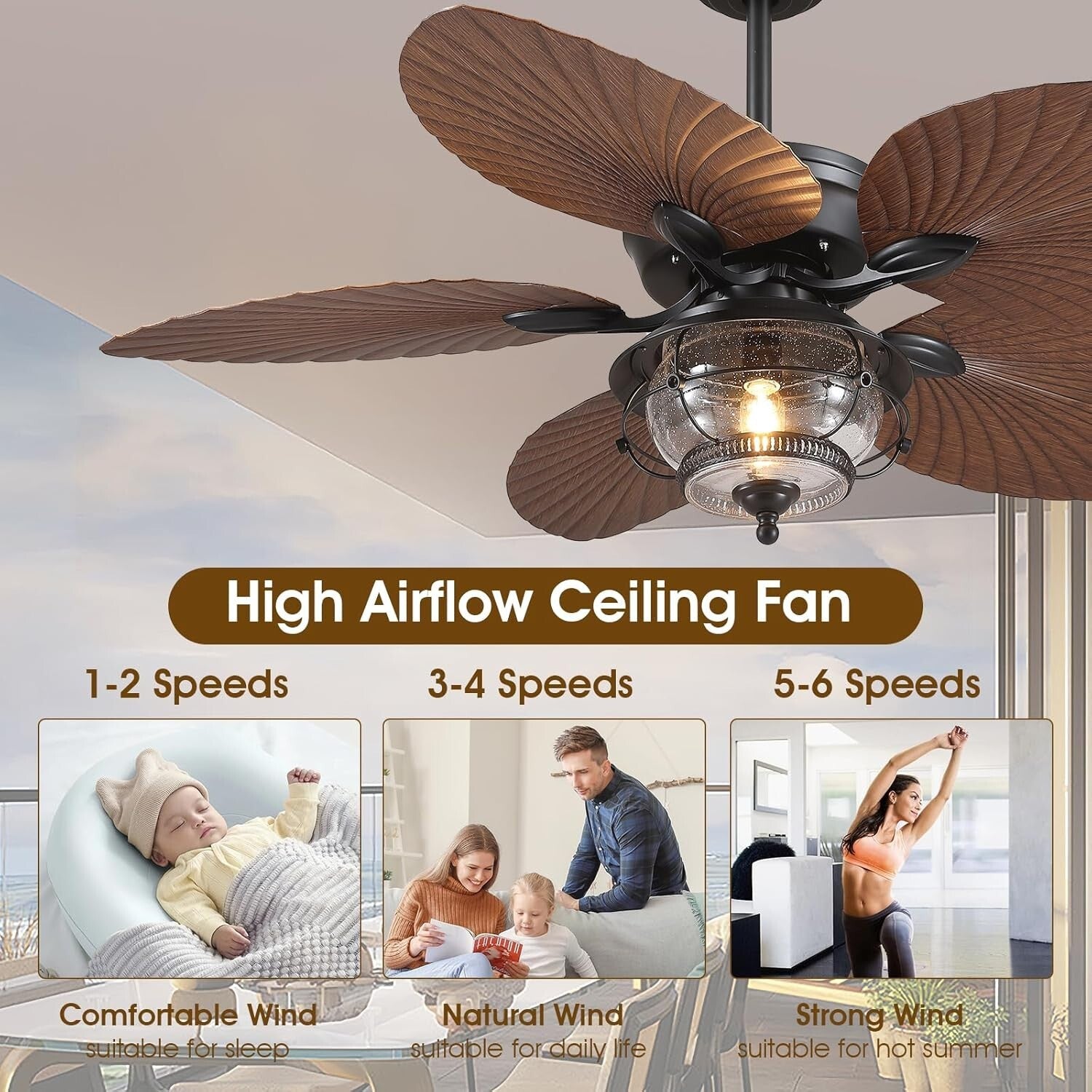 Remote Control 52 Inch Tropical Ceiling Fan with LED Light for Indoor/Outdoor