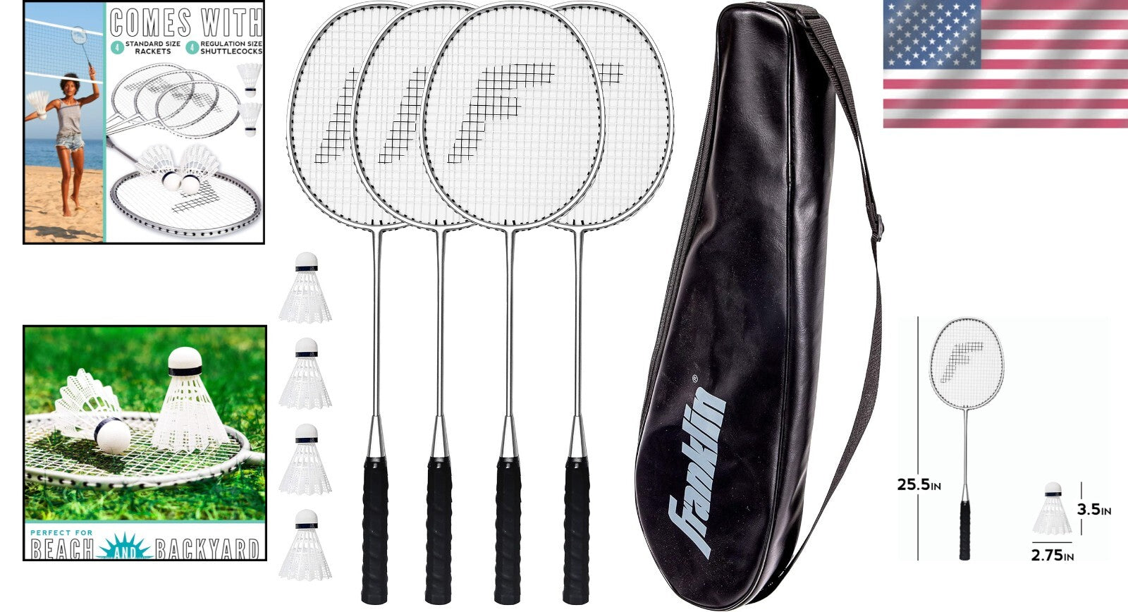 Complete 4-Player Badminton Racket Set with Deluxe Carry Bag & Shuttlecocks