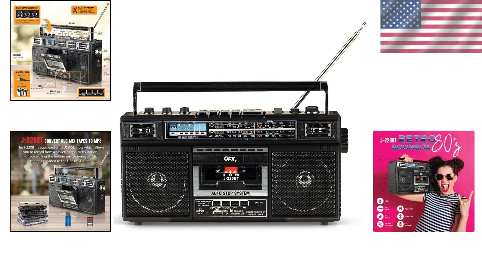 Portable 4-Band Bluetooth Boombox: Record, Convert & Enjoy Your Music Collection