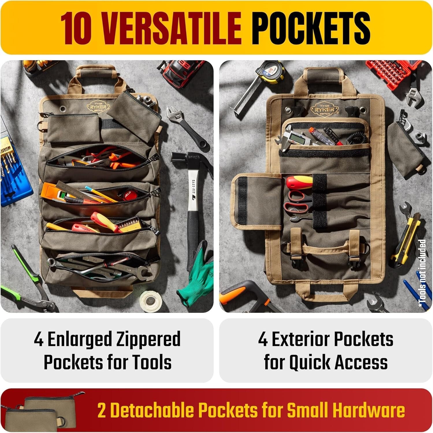 Heavy-Duty Roll Up Tool Bag Organizer with Detachable Pouches - 20.3in Size