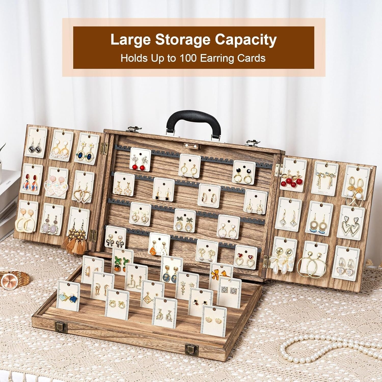 Portable Wood Jewelry Case - Elegant Display for Bracelets, Earrings, Necklaces