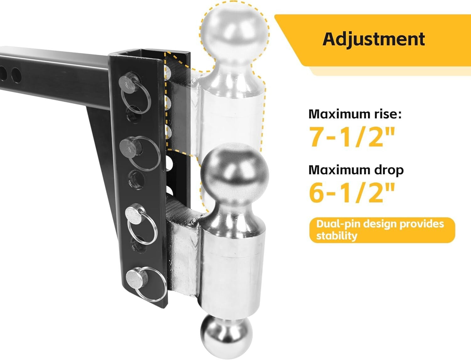 Adjustable Dual Ball Mount - 12,000 lbs Capacity for 2" Receiver, Dual Balls