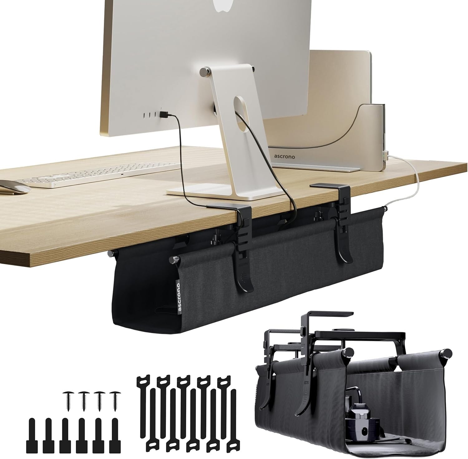 CableCare No-Drill Under Desk Cable Management Tray - Elegant Fabric Solution