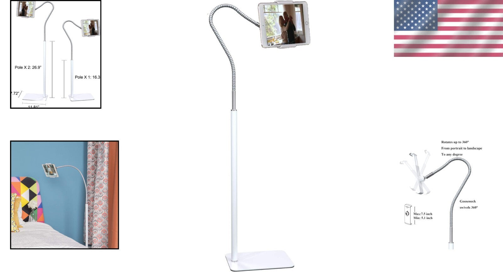 Elegant Adjustable Tablet Floor Stand with Flexible Gooseneck for 3.5"-10.6"