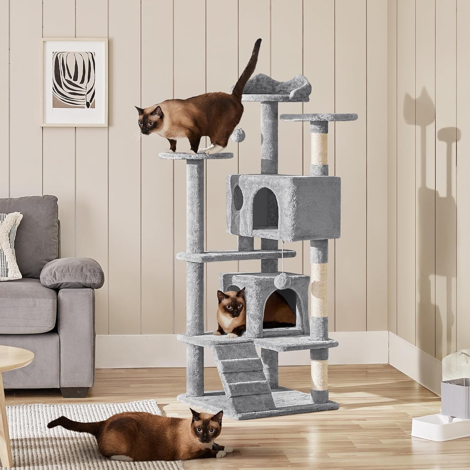 54in Multi-Level Cat Tree with Condos & Scratching Posts - Light Gray Playground