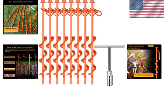 Versatile 8 Pcs Heavy-Duty Ground Anchors - 12" Orange Stakes for Camping & More