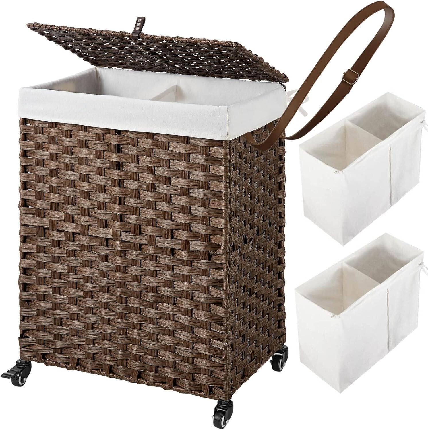 90L Handwoven Laundry Hamper with Wheels - Stylish Dual Compartment Design
