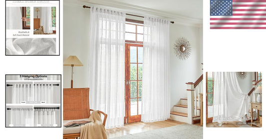 Chic 84"x96" White Linen Sheer Back Tab Curtains - Perfect for Living Room Decor