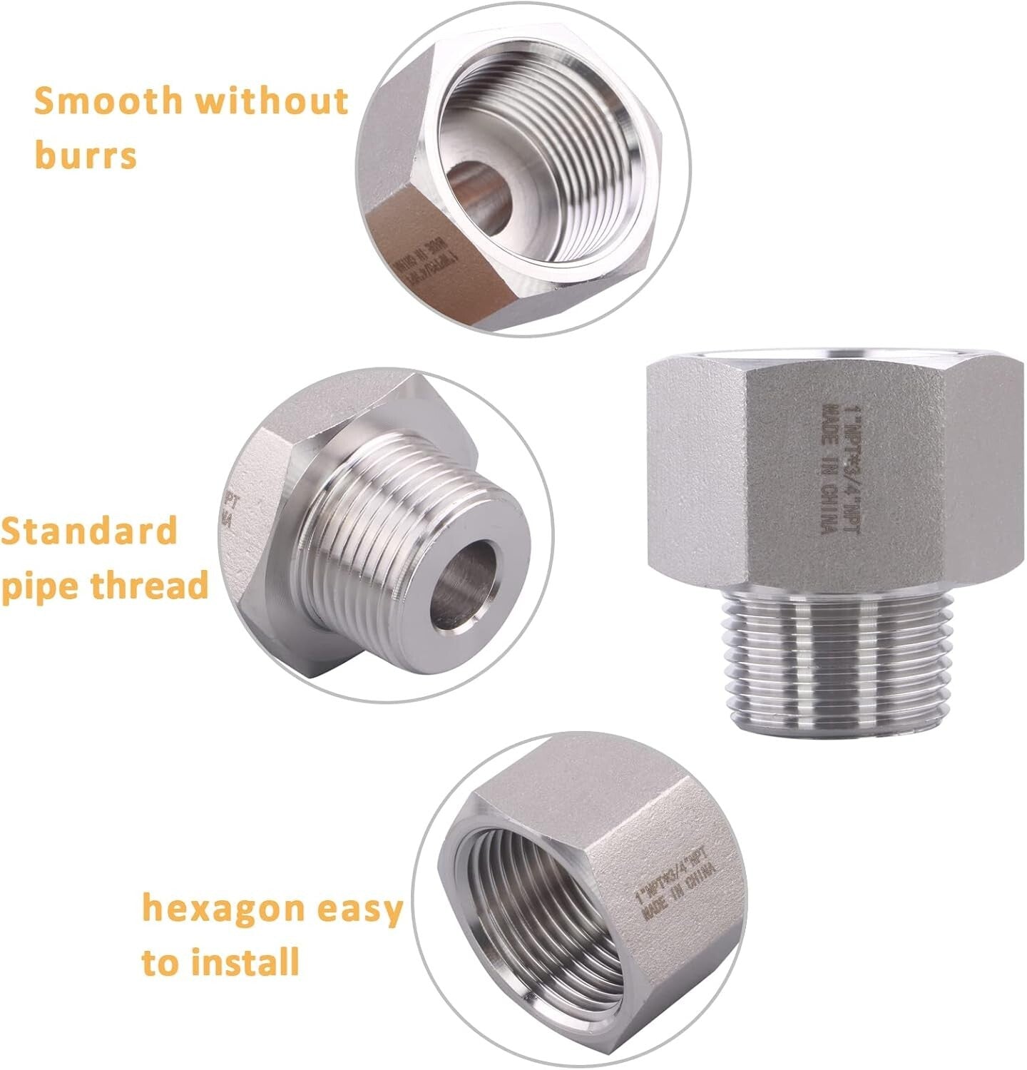 Pack of 5 Stainless Steel 304 Reducer Adapter Fittings - 1" Female x 3/4" Male