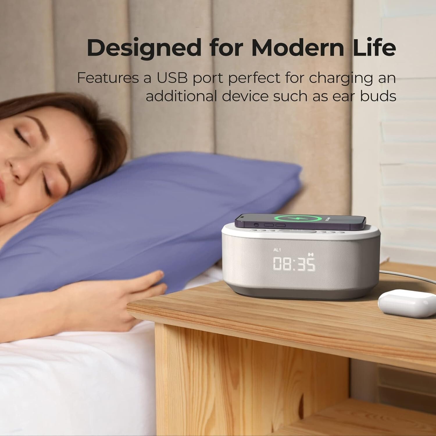 Dawn Wireless Charging Alarm Clock with Bluetooth Speaker & FM Radio - White