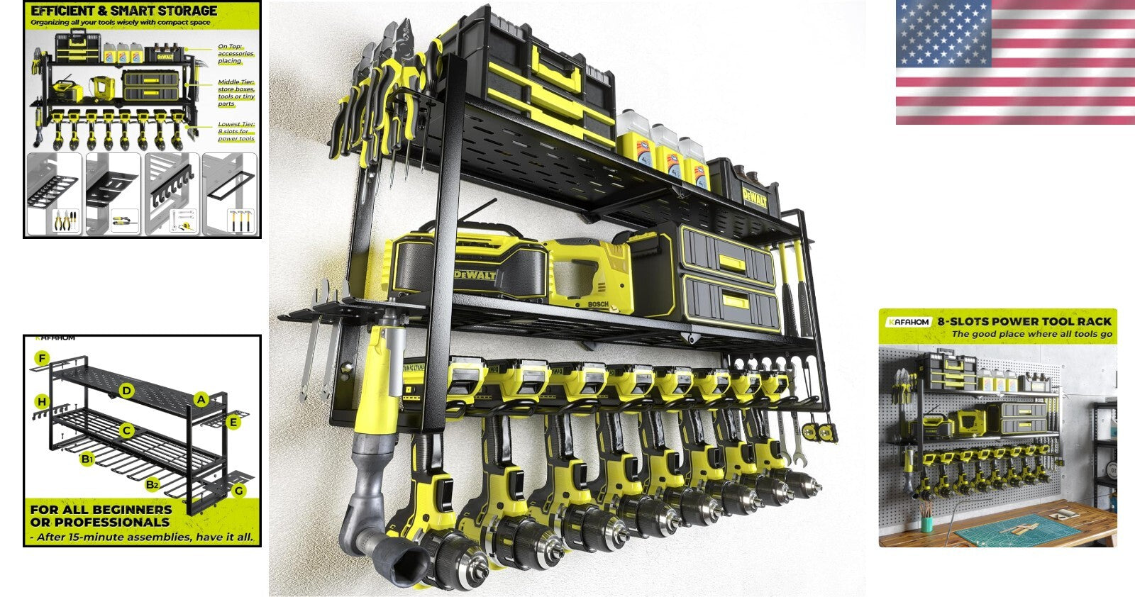 Powder Coated Iron Tool Storage Rack with Air Tool Slots and 8 Drill Holders