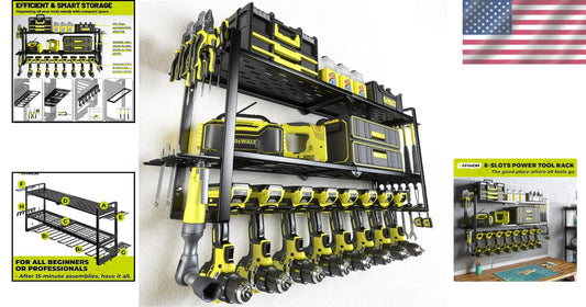 Powder Coated Iron Tool Storage Rack with Air Tool Slots and 8 Drill Holders